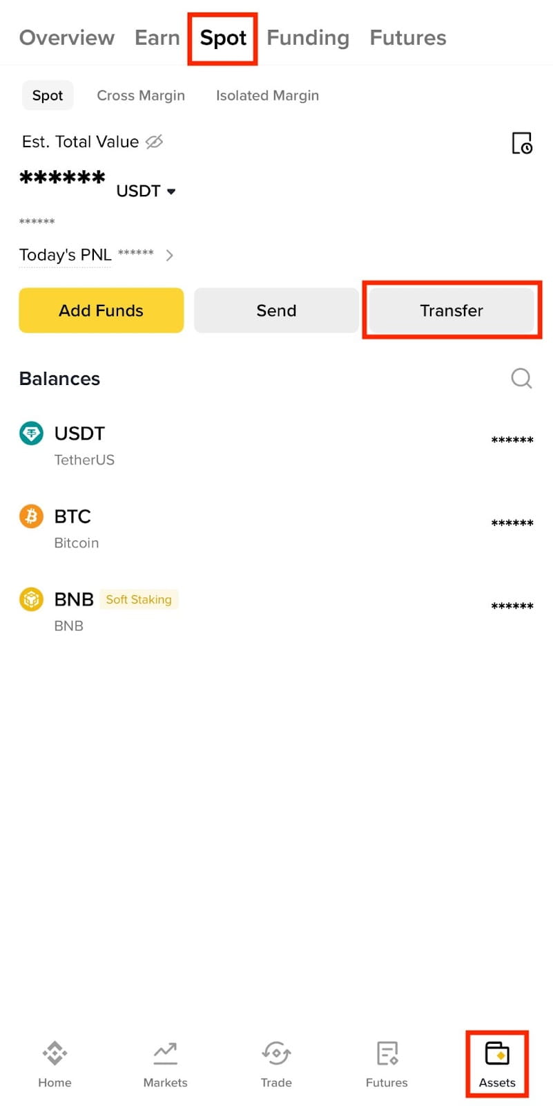 币安 App 现货账户:充值与划转入口