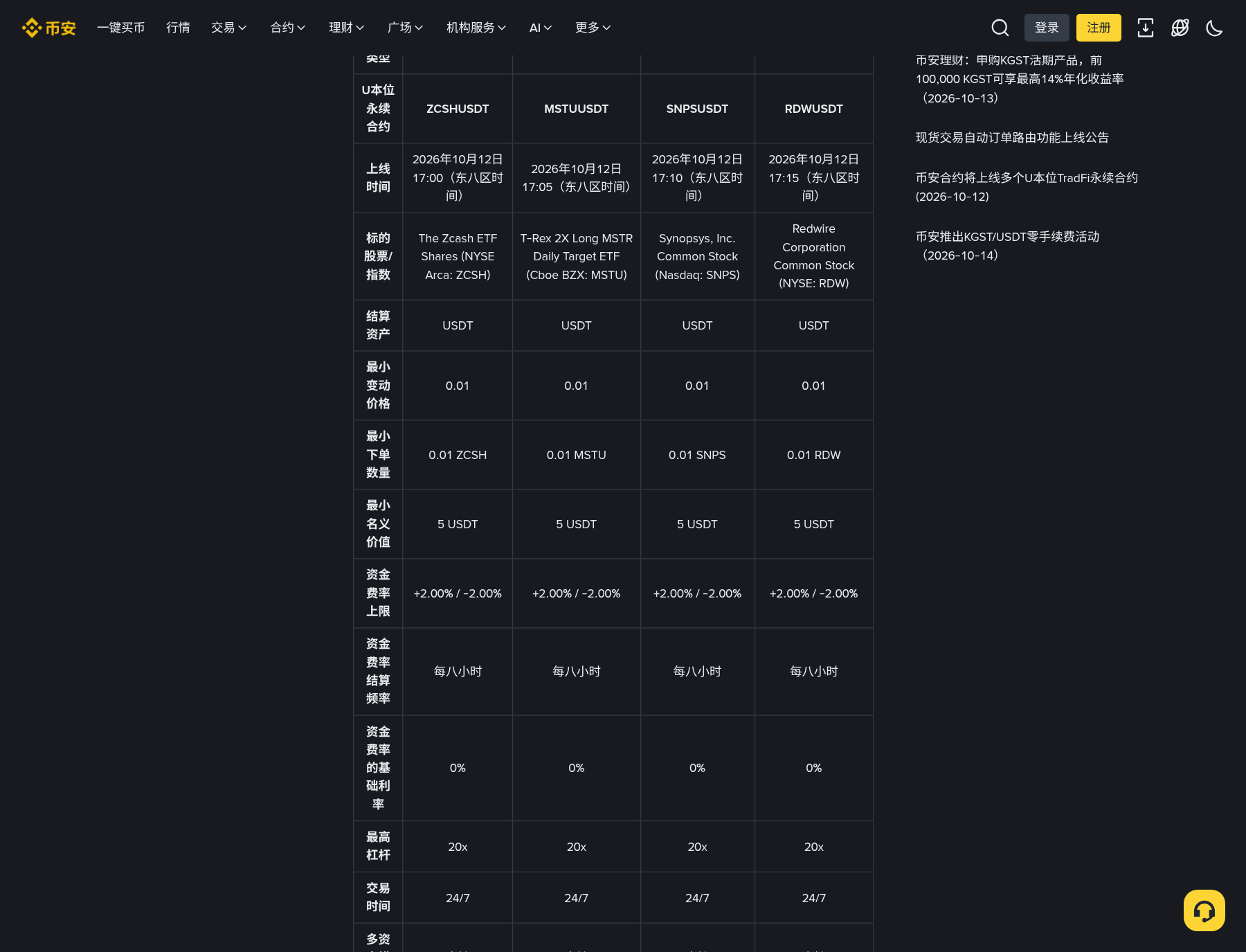 币安 2026-10-12 新上 TradFi U 本位永续 ZCSH/MSTU/SNPS/RDW 怎么核对:开盘时间、杠杆与和 bStocks 差在哪-程序旅途